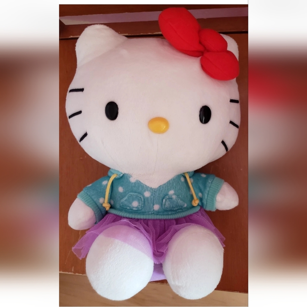 Sanrio Hello Kitty 9" Plush Blue Polka Dot Hoodie & Purple Tutu Skirt